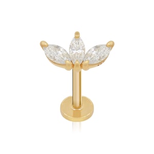 14K Gold Marquise Diamond Lotus Labret Earring, Dainty Floral Piercing Jewelry, Three Leaf Diamond Piercing, Gift For Women.