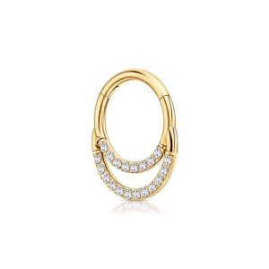 Double Circle Hinged Segment Diamond Hoop, 16g Moon Clicker Septum Ring, Elegant 14K Gold Helix Cartilage Hoop, Nose Piercing, Gift For Her