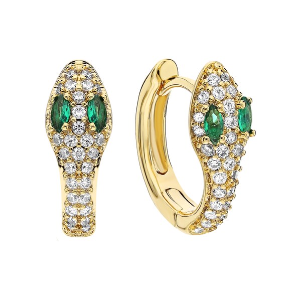 Gold Metal Snake Earrings With Crystals And Emerald Stones