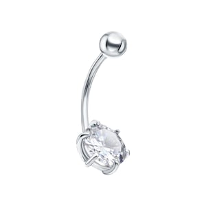 May include: A silver-coloured belly button ring with a curved design. It has a small, round ball at the top and a large, clear, round-cut gemstone at the bottom, held by four prongs. The jewellery is displayed against a white backdrop.