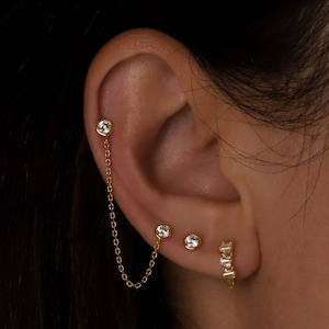 Double Stud Chain Earring Set, 14k Gold Long Chain Stud Earring, Bezel Set Diamond Stud, Loop Delicate Chain Earring, Jewelry Gift For Her.