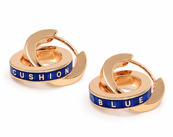 Gold Double Hoop Earrings with Blue Enamel Lettering, Personalized Name Huggie Earrings, Custom Statement Jewelry, Unique Gift for Women