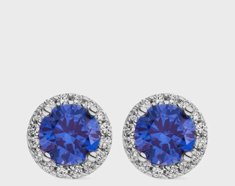 14K Gold Blue Sapphire Halo Stud Earrings | Round Brilliant Cut Diamond Jewelry | Elegant Fine Earrings | Gift For Her | Cushion blue