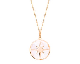 14K Gold Compass Necklace, Mother Of Pearl Compass Charm, North Star Pendant Necklace, Birthstone Necklace, MOM Gift, Gift for Her.