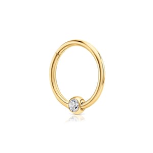 14K Gold Diamond Daith Earring, Bezel Diamond Septum Hoop, Hinged Lock Piercing, Solitaire Clicker, Conch Earring, Nose Hoop, Gifts For Her.