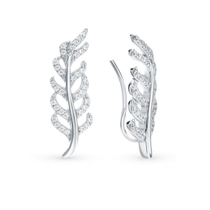 Peacock Feathers Diamond Ear Cuff,  14k Gold Leaf  Ear Crawlers, Cartilage Earring, Nature Lover Gift, Wedding Jewelry.