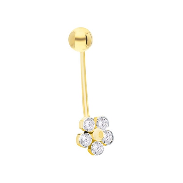 14K Gold Flower Belly Button Ring - Dangle Bar Belly Ring - Flower Navel Piercing - Body Jewelry - Personalized Gift.