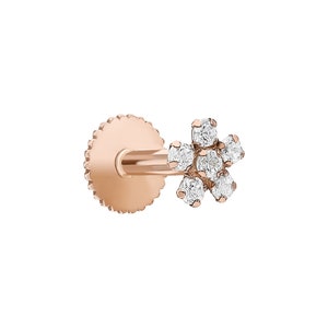 Pendientes redondos de flores de diamantes, tachuelas de flores de oro rosa de 14 quilates, piercing floral, estrellas brillantes, regalo de cumpleaños