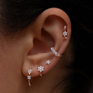 Marquise Diamond Petals Clicker Hoop | 14K Gold Leaf Cartilage Earring | Conch Rook Daith Helix Piercing | Gift For Her | Cushionbluellc.