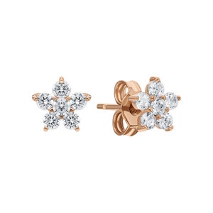 Stud de flor de diamantes de oro de 14k, pendiente en forma de flor, pendiente minimalista delicado, pequeño perno floral, regalo para mujeres.