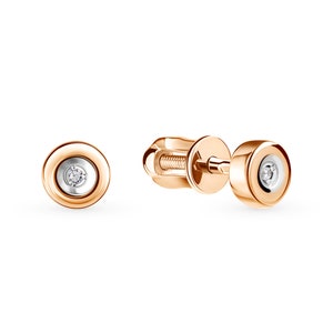 14K Gold Bezel Diamond Stud Earring, Tiny Round Bezel Stud, Minimalist Earring, Natural Diamond, Gift For Her.