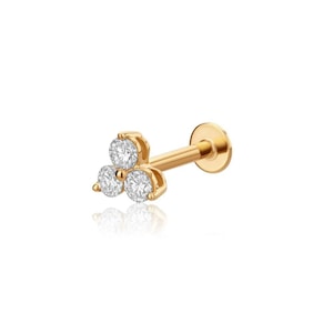 Diamond Trinity Threaded Flat Back Earring, 14k Gold Trio Cluster Stud Labret Piercing, Tragus Stud, Helix Conch Earring