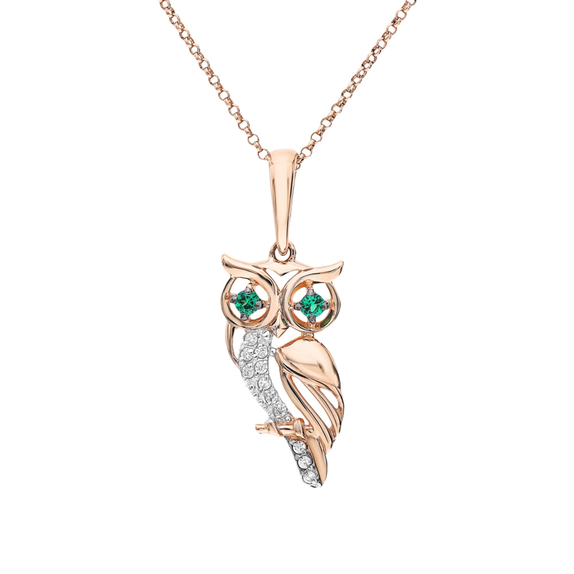 Cute Owl Green Eye Rose Gold Necklace, 14k Gold Owl Diamond Pendant, Emerald Animal Pendant, Women