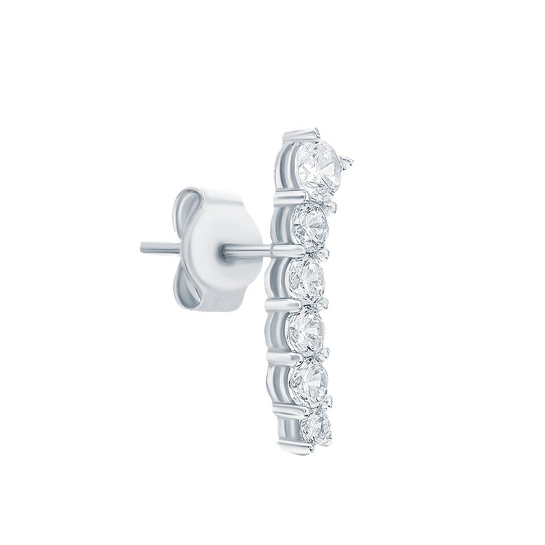 May include: Silver stud earring with a row of clear round cubic zirconia stones.