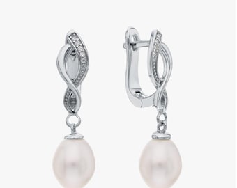 14K Gold Pearl Drop Earrings | Diamond Twist Dangle Earrings | Freshwater Pearl Earrings | Huggie Hoop Earrings | Elegant Bridal Jewelry