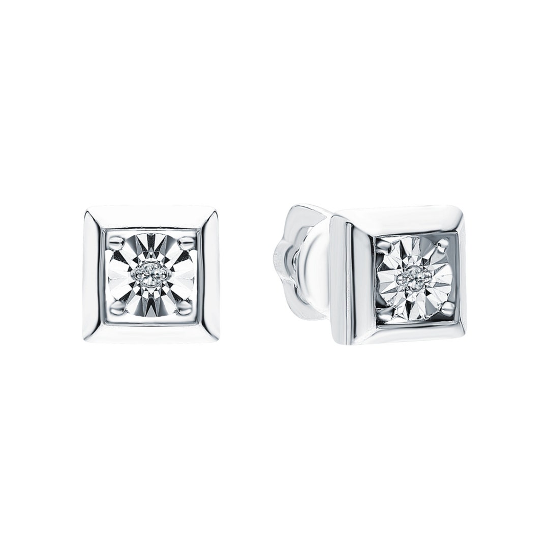 Square Frame Earring, Princess Shape Diamond Stud Earring, 14K White