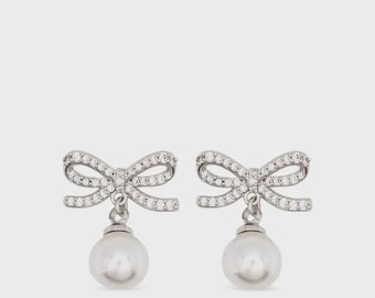 14K Gold | Pearl Bow Drop Earrings | Diamond Ribbon Dangle Studs | Elegant Bridal Jewelry | Gift For Her | Cushion blue