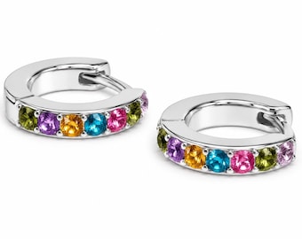 14k Gold Rainbow Gemstone Huggie Hoop Earrings, Multicolor Birthstone Earrings, Tiny Colorful Hoops, Minimalist Jewelry, Cushionblue