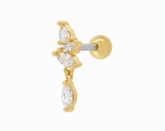14K Gold Marquise Diamond Ear Piercing | Curved Dangle Cartilage Jewelry | Helix Tragus Stud | 16G Body Bar | Gift For her | Cushion blue