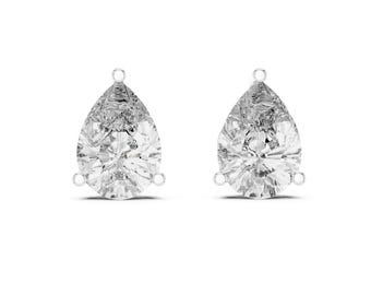 14K Gold Pear Cut Diamond Stud Earrings | Teardrop Drop Style | Push Back Closure | Elegant Jewelry Gift For Her Women Wear | Cushion blue