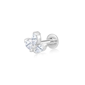 Lotus Threaded Diamond Stud Earring, Three Leaf Stud, 14k Gold Helix Piercing, Marquise Shape Earring, Gift For Her.