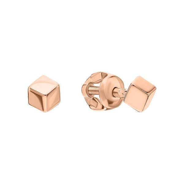 14k Gold Cube Stud Earring, Rosy Mini Square Stud, 5mm cube, Men's  Earring, Rust Box Cube Earring, Unisex Jewelry.