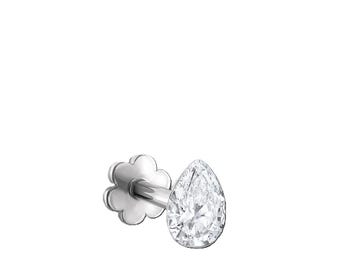 May include: A single, silver-colored stud earring with a pear-shaped, clear gemstone. The earring post is attached to a flower-shaped backing. The gemstone is faceted, reflecting light.