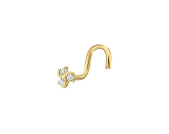 14k Gold Trinity Diamond Nose Ring, Floral Cluster Nose Pin, Triangle Tragus Lobe Stud, Nostril Piercing, Body Jewelry.