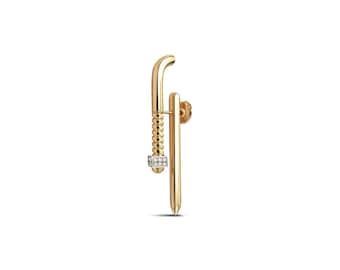14K Gold Diamond J Hook Earring | 0.12 CTTW Round Diamond | Long Drop Earring | Statement Jewelry | Unique Gift | Cushionbluellc