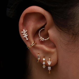14K Gold Flower Dangle Piercing, Floral Vines Cartilage Stud, Baguette Diamond Earring, Sunburst Piercing, Leaf Climber Stud, Gift For Her.
