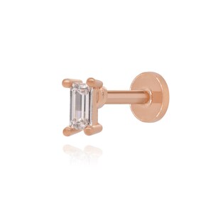 Single Baguette Diamond Stud, 14K Gold Cartilage Piercing, Helix Piercing, Threaded Flat Back Stud, Gift For Wife.