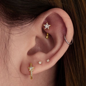 Piercing de diamante em cartilagem estrela/brinco de torre em ouro 14K/cravo tragus Star Helix/piercing em concha/presente para ela.
