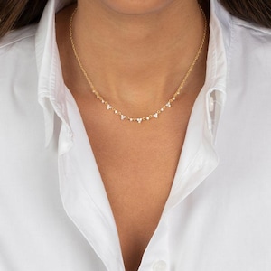 Diamond Multi Trio Cluster Necklace, 14K Yellow Gold Trillion Station Necklace, Triangle Shape Choker Necklace, Gift for Women.