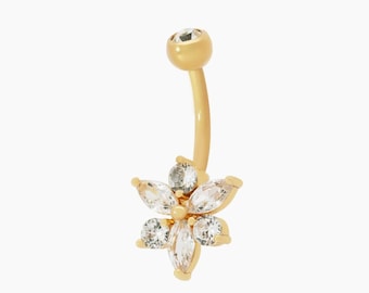14K Gold Diamond Flower Belly Bar | Curved Navel Barbell | Floral Body Piercing Jewelry | 14G Navel Jewelry | Gift For her | Cushion blue