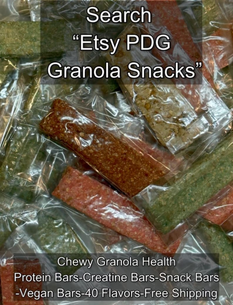 Może przedstawiać: Asortyment indywidualnie pakowanych baton&oacute;w granola w r&oacute;żnych kolorach, w tym czerwonym, zielonym i brązowym. Obraz zawiera tekst: "Search Etsy PDG Granola Snacks" i "Chewy Granola Health Protein Bars-Creatine Bars-Snack Bars -Vegan Bars-40 Flavors-Free Shipping."
