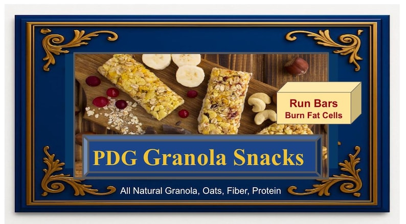 Może przedstawiać: Zdjęcie PDG Granola Snacks, z dwoma batonami granola, plasterkami banana, żurawiną i orzechami nerkowca na drewnianej desce. Obraz zawiera tekst "Run Bars Burn Fat Cells" i "All Natural Granola, Oats, Fiber, Protein."