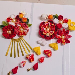 Handmade Japanese Red Blossom Kimono Yukata Women Hair Clip, Oriental Flower Blossom Kanzashi Accessory, Lolita Cosplay Bridal Hair Piece