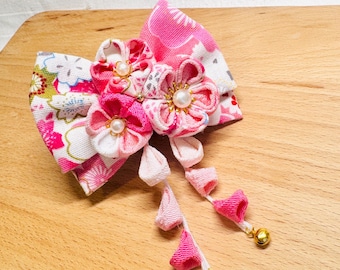 Pink Sakura Kanzashi Hair Clip - Japanese Kimono Bow Barrette | Tsumami Zaiku Flower | Handmade Cherry Blossom French Barrette | Yukata