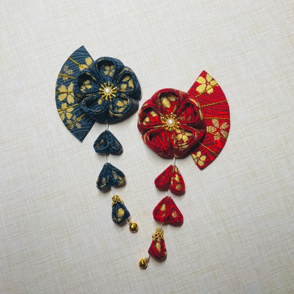 Japanese Plum Blossom Fan Kanzashi Flower Kimono Clip, Tsumami Blue Red Gold hair accessory, Sakura yukata geisha ornament, gift for women