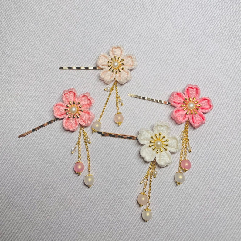 Japanese Cherry Blossom Pink White Kanzashi Hair Pins, Tsumami Sakura Kimono Yukata, bride bridal simple elegant hair clip with charms image 7