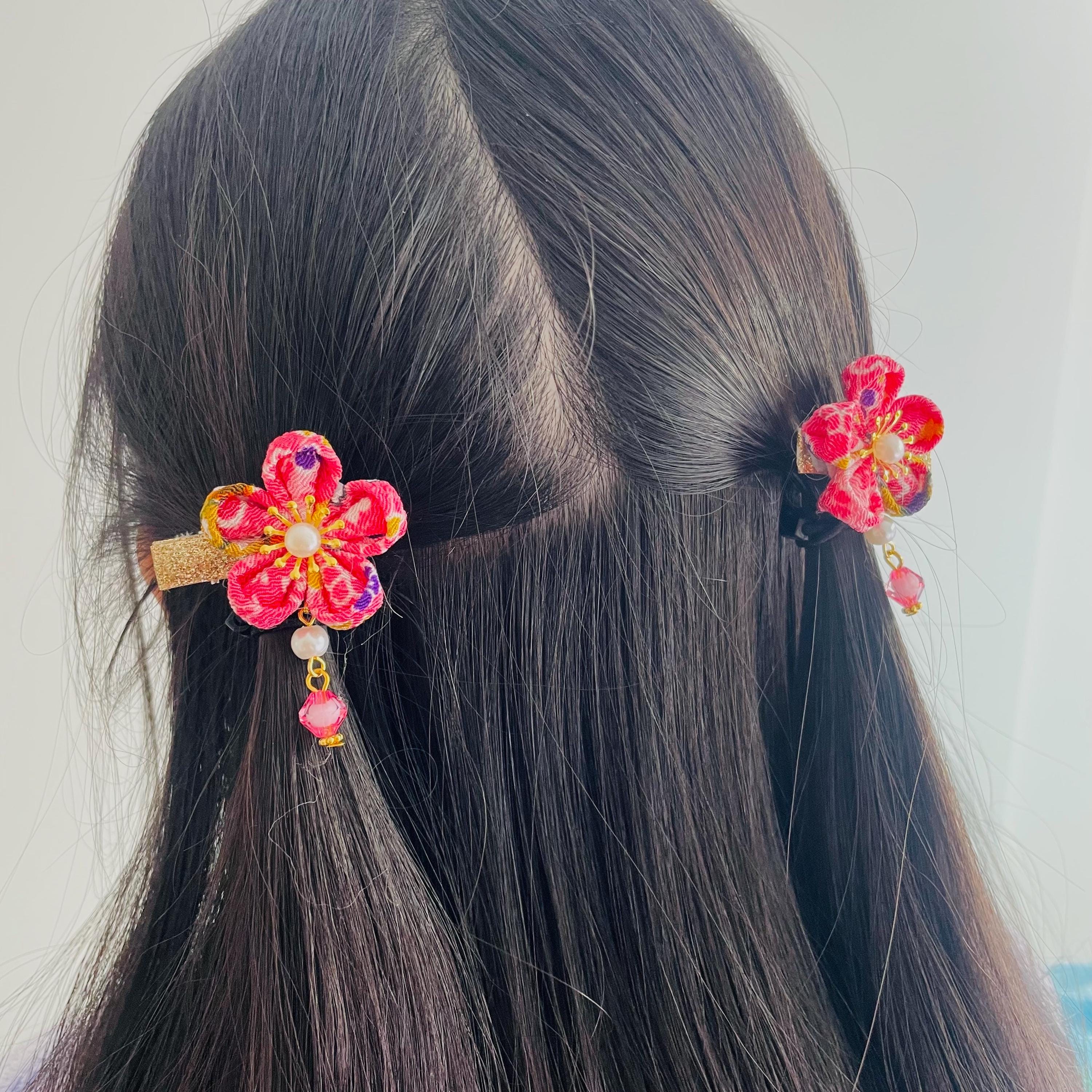 PAIR of Japanese Pink Sakura Kanzashi Hair Clips for Girl
