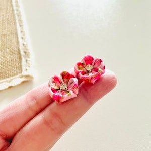Handmade Pink Blossom Sakura Stud Lightweight Earrings, Japanese Kanzashi Kimono, Cute Fabric Stud, Unique Birthday Mothers Day gift for her