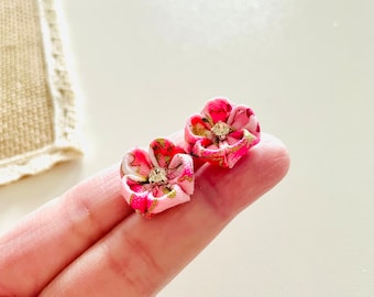 Handmade Pink Blossom Sakura Stud Lightweight Earrings, Japanese Kanzashi Kimono, Cute Fabric Stud, Unique Birthday Mothers Day gift for her