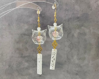 Japanese Cat Wind Chime Earrings, Good Luck, Cat Lover, Handmade Glass Furin, Japanese Gift, Birthday Valentine jewellery gift for her women