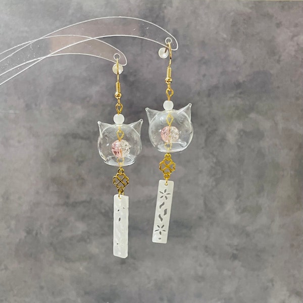 Japanese Cat Wind Chime Earrings, Good Luck, Cat Lover, Handmade Glass Furin, Japanese Gift, Birthday Valentine jewellery gift for her women