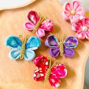 PAIR of Japanese Kanzashi Butterfly Hair Clip, Sakura Blossom Kimono, cute kawaii kid animal accessory, Easter Birthday gift for girl women