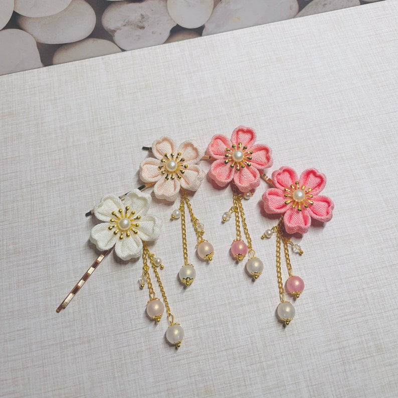 Japanese Cherry Blossom Pink White Kanzashi Hair Pins, Tsumami Sakura Kimono Yukata, bride bridal simple elegant hair clip with charms image 2