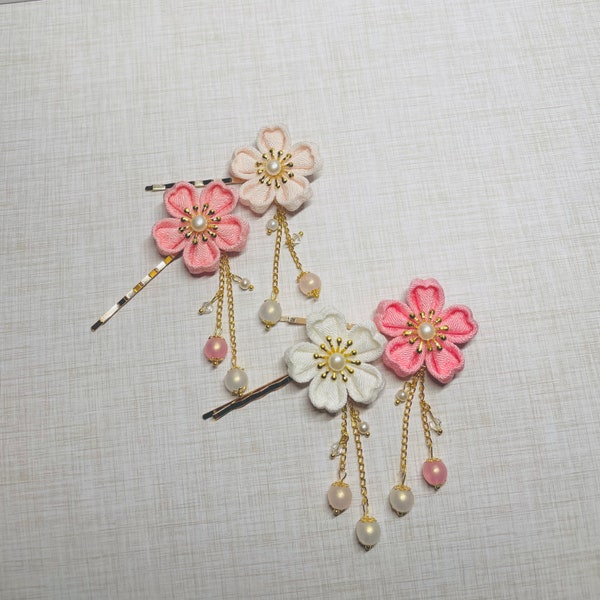 Japanese Cherry Blossom Pink White Kanzashi Hair Pins, Tsumami Sakura Kimono Yukata, bride bridal simple elegant hair clip with charms