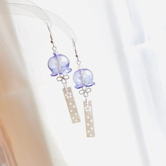 Japanese Glass Wind Chime Earrings, 925 Silver, Furin Dangle