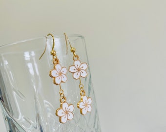 Dainty White Sakura Earrings, 18K Gold Plated, White Cherry Blossom Elegant Spring Jewellery, Unique Birthday Mothers Day gift for her